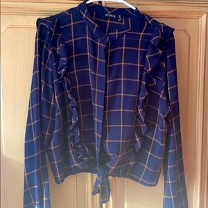 Navy Button up with tie at the bottom